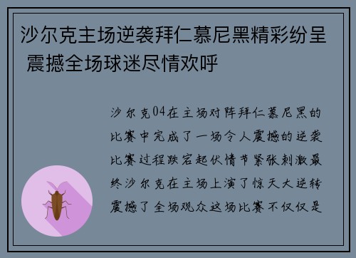 沙尔克主场逆袭拜仁慕尼黑精彩纷呈 震撼全场球迷尽情欢呼