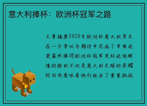 意大利捧杯：欧洲杯冠军之路