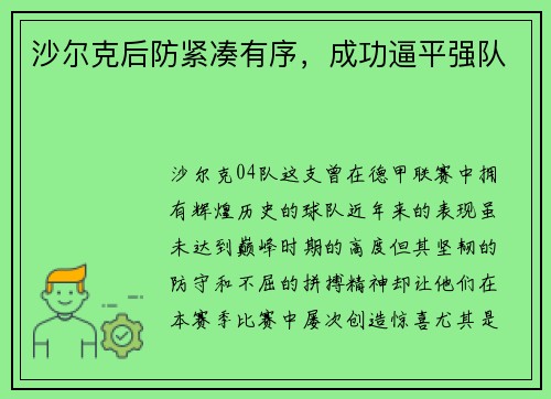 沙尔克后防紧凑有序，成功逼平强队