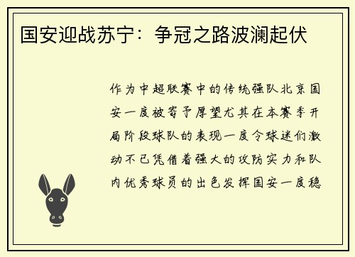 国安迎战苏宁：争冠之路波澜起伏
