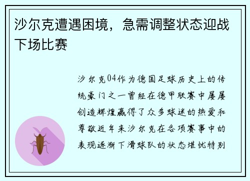 沙尔克遭遇困境，急需调整状态迎战下场比赛