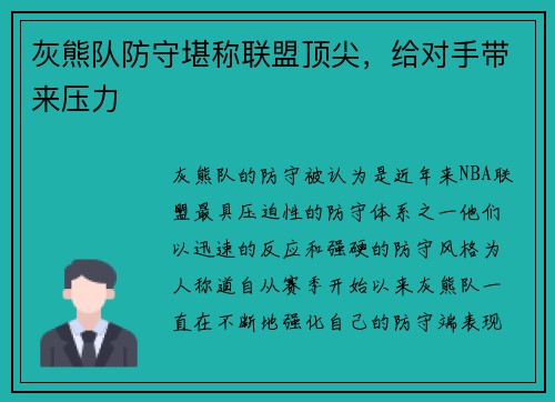 灰熊队防守堪称联盟顶尖，给对手带来压力