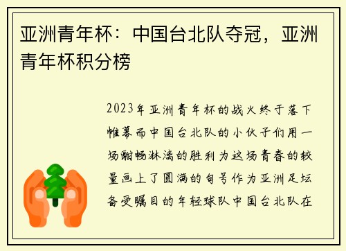 亚洲青年杯：中国台北队夺冠，亚洲青年杯积分榜