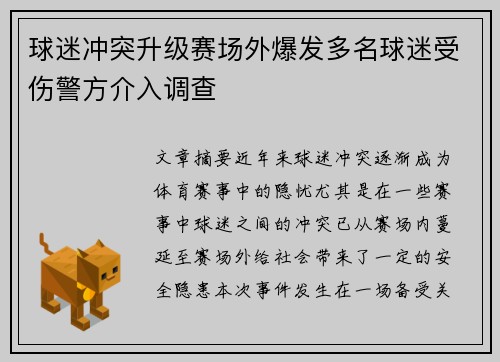 球迷冲突升级赛场外爆发多名球迷受伤警方介入调查